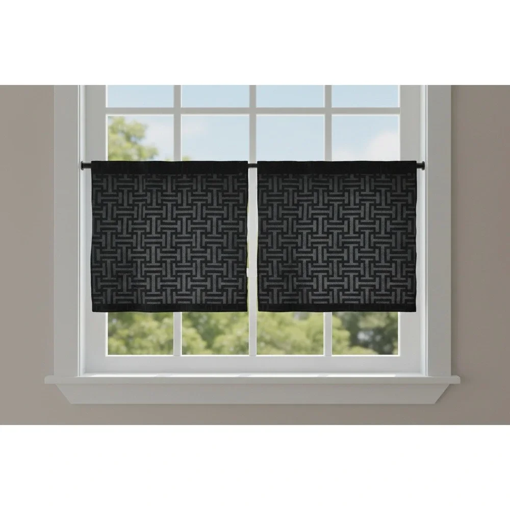 Set of 2 Black Geometric Cafe Curtains Greek Key Tier Panels  42x37